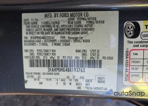 2011 Ford Fusion Se из США, поврежденный, VIN 3FAHP0HG4BR193763